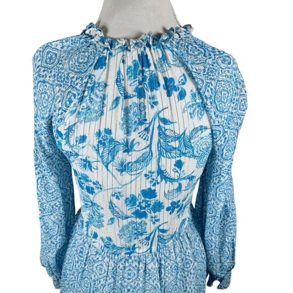 Hemant & Nandita Kaiyo Blue Floral Mini Dress Tassel Ties Boho Peasant Size XS - Picture 7 of 12